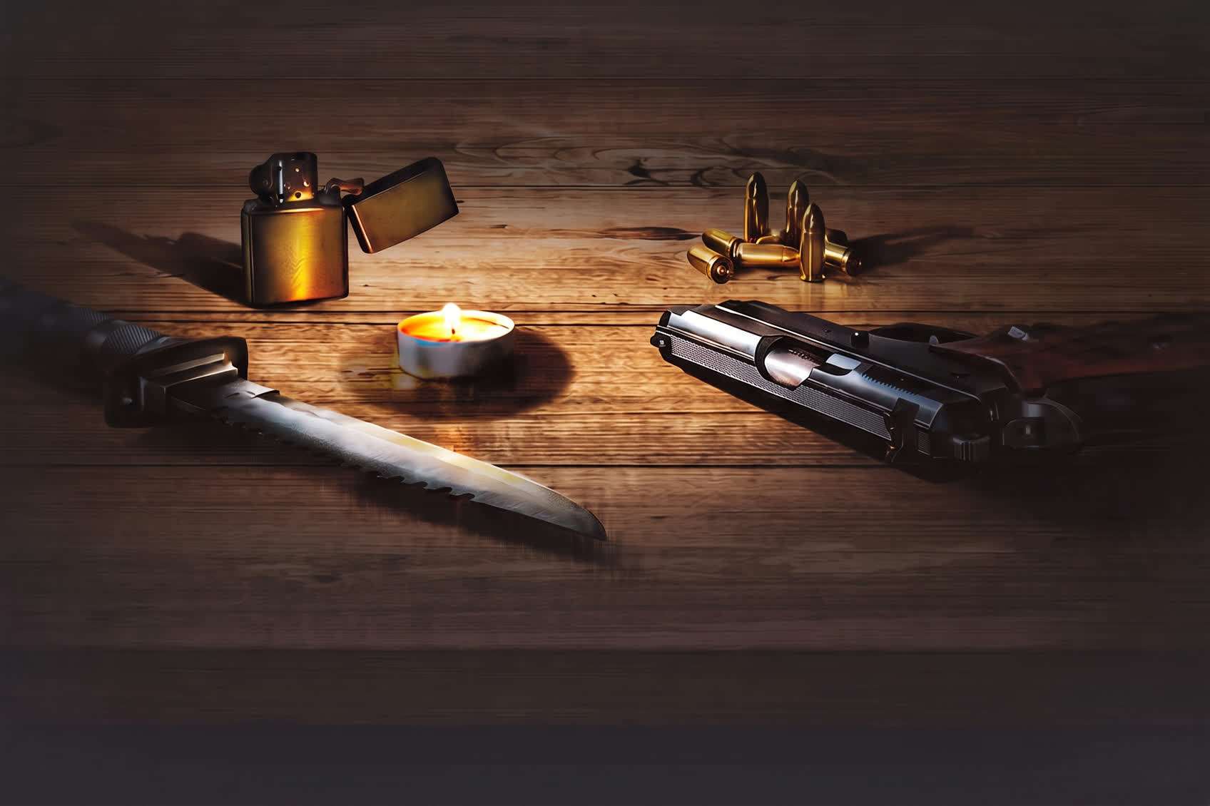 A knife, candle, lighter, bullets and pistol on a dark wooden table